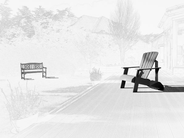 Absent Friends? Monochrome image of two chairs in a garden, by Denis Taylor