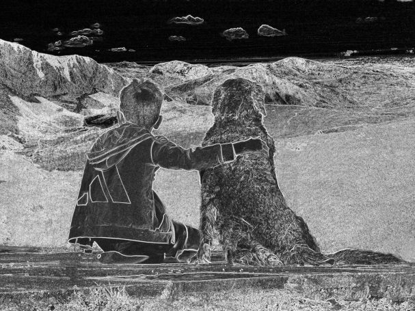 Friends Child sitting with a dog, gazing at mountains in a monochromatic setting, by Denis Taylor