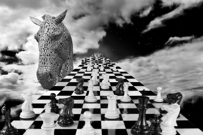 Welcome Home A Kelpie and surreal chessboard in black and white, by Denis Taylor